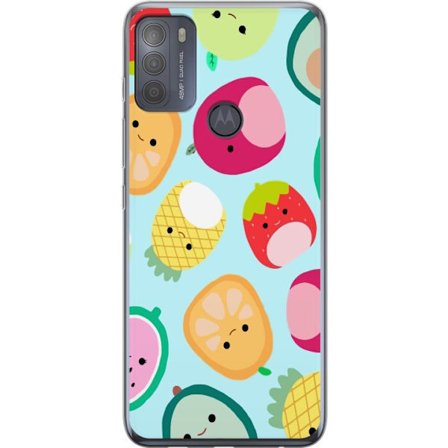 Kompatibel Mobilcover til Motorola Moto G50 Mønster af kawaii frugter som jordbær citron ananas og avocado på lyseblå baggrund
