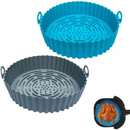 Airfryer Silikone Gryde, 2 Stykker Airfryer Tilbehør 20 cm Rund og Genanvendelig Komprimeret Airfryer Tilbehør til Madlavningsrist, Stegning (