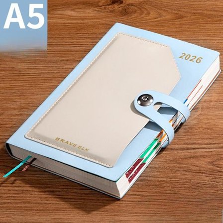 2026 Planner, 400 sider, med månedlige tags. Lyseblå