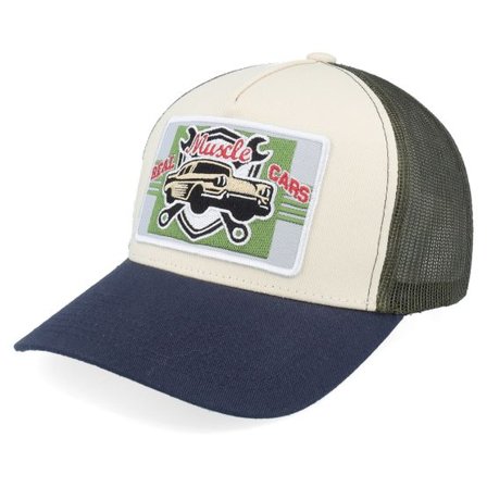Iconic - Beige trucker Keps - Real Muscle Cars Stone/Olive/Navy A-frame Trucker @ Hatstore