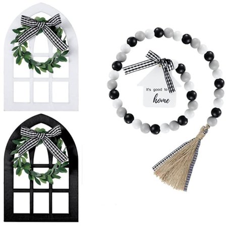 Fönsterhylla i trä i bondgårdsstil, rustika fönsterramar i trä och träpärlgarland, vit, svart