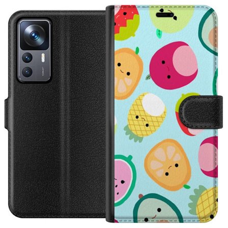 Kompatibelt Lommeboketui til Xiaomi 12T Pro Mønster av kawaii-frukter som jordbær sitron ananas og avocado på lyseblå bakgrunn