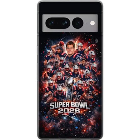 Yhteensopiva Puhelinkuori Google Pixel 7 Pro Super Bowl 2026 juliste, jossa New England Patriots ja NFL-mestaruuspalkinto räjähtävän urheilullisessa s