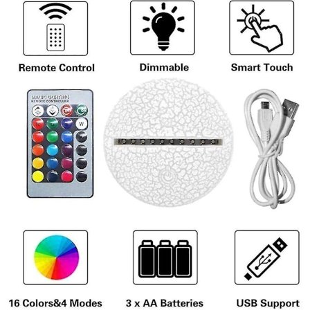 3D optinen illuusiolamppu LED-yövalo, 7 väriä kosketusvuodelamppu makuuhuoneen pöytä Art Deco lapsen yövalo USB-kaapelilla Uutuus joulu 