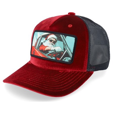 Ho-Ho-Hats - Santa Claus Going For A Ride Velvet Red/Black Trucker Trucker Red Cap - @ Hatstore