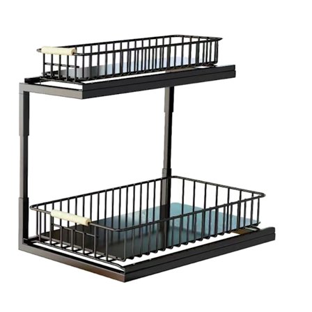 Uttrekkbar krydderhylle for underskap, dobbelt lag, oppbevaringshylle, svart, for kjøkken og bad