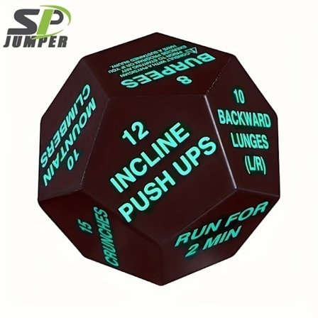 1 stk 12-sidet Fitness Stressball - Svart med rød tekst, instruksjoner for 18 spensthopp og 30 sit-ups