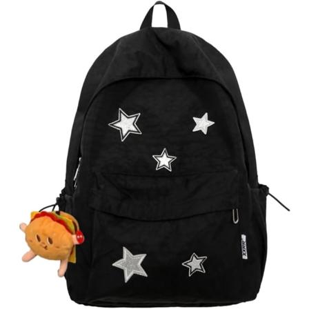 Kawaii-reppu söpöillä lisävarusteilla - vedenpitävä nailon, useita osastoja ja ulkotaskut (musta)