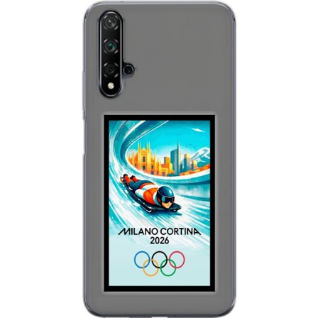 Yhteensopiva Puhelinkuori Huawei nova 5T Dynaaminen kelkkailija tai skeleton-ajaja jääkanavalla Milanon Cortina 2026 kanssa, kaupunkinäkymä ja olympia