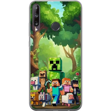 Kompatibelt Mobildeksel til Huawei P40 lite E Blokkete pikselerte spillverden med grønne figurer og dyr i frodig skogsmiljø