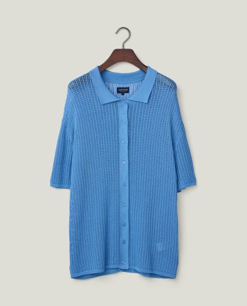 Lexington Oversized, pointellestrikket, kortærmet skjorte, blå