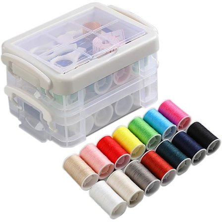 Sysett med boks, bærbar syboks med sytilbehør nål og trådsett, inkludert 16 farger tråd, nåler, boks, saks, tape M