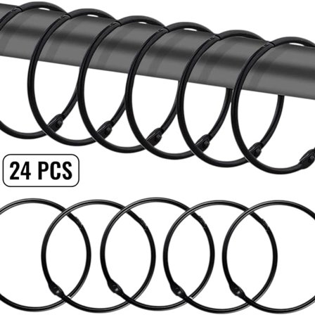 24-styks sæt - Bruseforhængsringe - Forhængsringe - Sort - 50 mm indvendig diameter - Velegnet til ophængning af gardiner, notesbøger, fotos