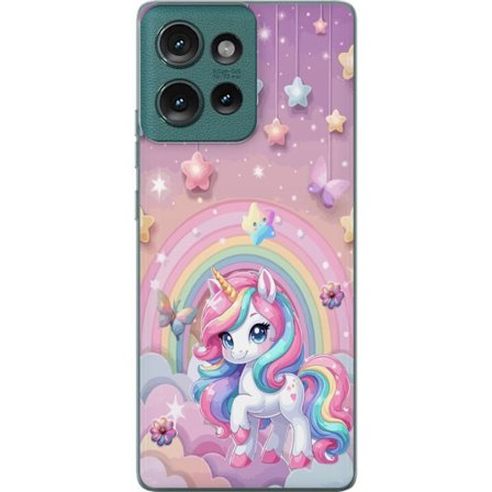 Kompatibel Mobilcover til Motorola Edge 50 Magisk enhjørning med regnbue manke, stjerner og sommerfugle mod en pastelfarvet himmel med skyer