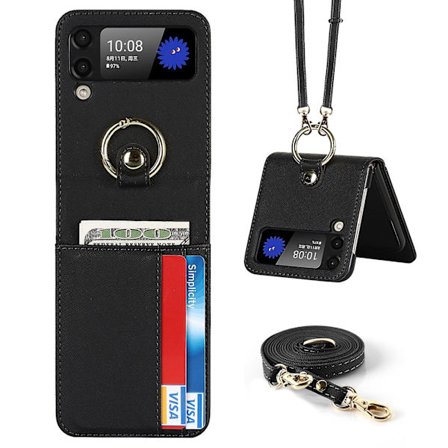 Plånboksfodral Kompatibel Med Samsung Galaxy Z Flip 4, Pu Läderfodral Med Axelrem & Ringhållare