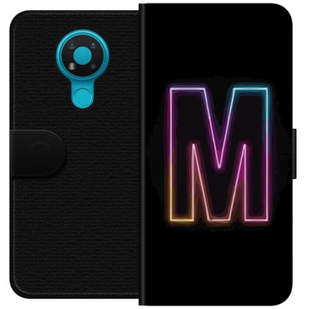 Yhteensopiva Lompakkokotelo Nokia Nokia 3.4 Neonkirjain M värinvaihtuva valotehoste mustaa taustaa vasten, moderni minimalistinen typografia vahvalla