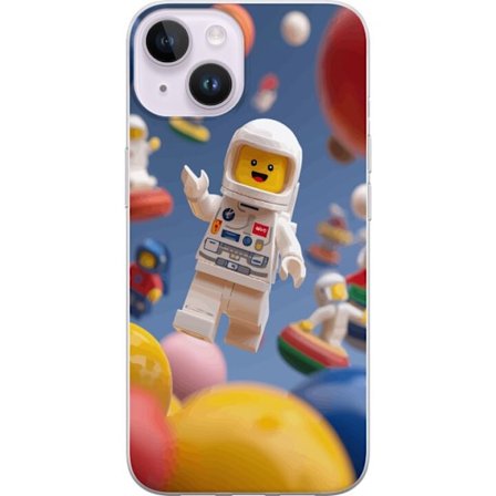 Kompatibelt Mobildeksel til Apple iPhone 15 LEGO-inspirert astronautfigur i rommet blant fargerike planeter, leken 3D-illustrasjon for barnerom, plaka