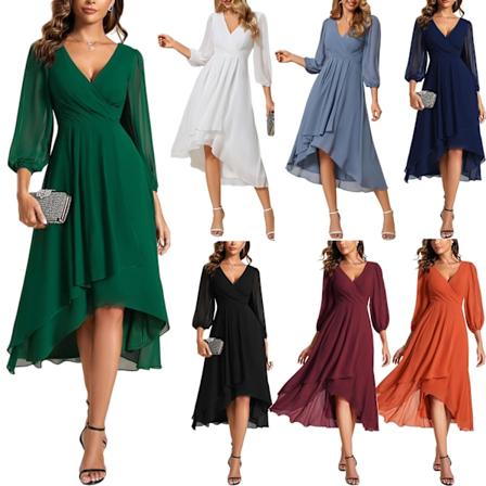 Elegant og stilfuld: Denne chiffonkjole til kvinder er designet med V-hals, lange ærmer og plisserede detaljer, der skaber et elegant og stilfuldt 