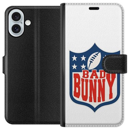 Kompatibel Tegnebogsetui til Apple iPhone 16 Plus Bad Bunny rød grafisk plakat med portræt og typografi i latinamerikansk popdesign