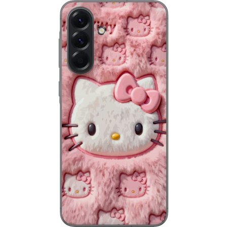 Kompatibelt Mobildeksel til Samsung Galaxy A56 Hello Kitty rosa fluffy bakgrunn med ikoniskt ansikt og kawaii-estetikk