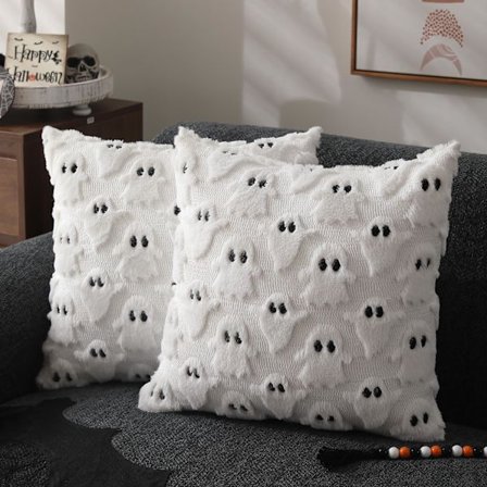 Halloween putetrekk 18x18 tommer sett med 2 hvite spøkelses putetrekk myk plysj faux pels ull sofa putetrekk for stol sofa hjemmedekor