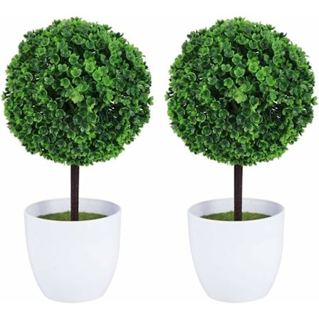 Sett med 2 små kunstige blomsterpotter i form av et topiary, i hvit keramikk