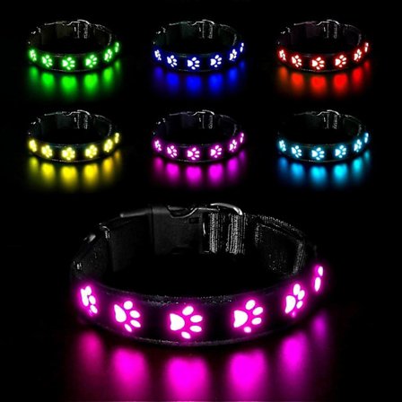 LED Lysende Halsbånd til Hunde, Genopladeligt og Vandtæt Hundehalsbåndslys, Justerbart Halsbånd med 7 Lystilstande (Farverig-S)