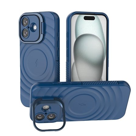 Kompatibel med iPhone 17 Cover, Fuld Linse Cover, Usynlig Stand, Bølgepap Faldsikret Cover (Mørkeblå)