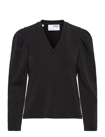 Slflora Ls V-Neck Sweat Top B Langærmet T-shirt Sort Selected Femme