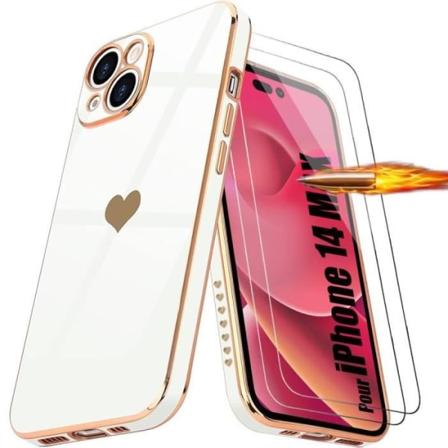 Fodral till iPhone 14 Vit Stötsäkert skyddshjärtamönster + 2 härdade glasögon