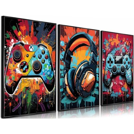3 stk. Kul Gaming Veggkunst Retro Videospill Akvarell Plakater Bilder Fargerike Neon Gamepad Lerret Maleritrykk 30x40cm Urammet