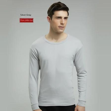 Efterårs- og vintermænd ren bomuld tynd langærmet efterårstøj basis underjakke termisk undertøj enkelt kvinder Fortykkelse Fleece Men-Silvergrey XXXL