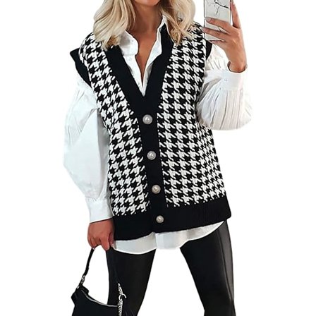 Kvinnors stickade tröja väst kvinnor hundtand tröjor lös V-ringad stickad väst