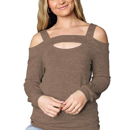 Kvinnor Långärmad Kall Axel Enfärgad T-shirt Ihåliga Toppar