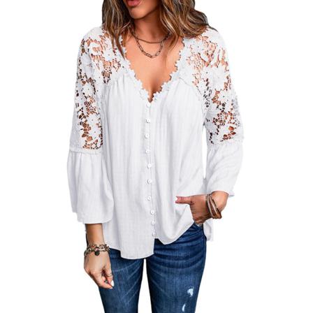 Bell Sleeve V-hals Hollow Out Flower Lace Patchwork Skjorta Femme