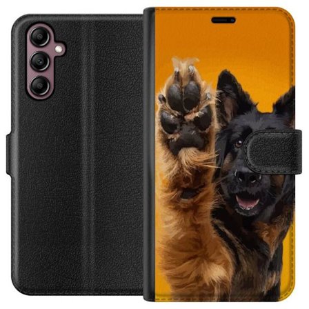 Kompatibelt Plånboksfodral till Samsung Galaxy A14 5G Glad hund vinkar med tassen charmigt djurporträtt på gul bakgrund perfekt för hundälskare