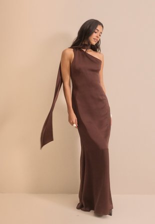 Bubbleroom Occasion - One Shoulder Scarf Satin Gown - Dark brown