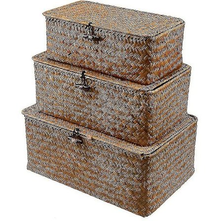 Vävd korg flätad korg med lock Seagrass Tvättservice Rotting Organizer Box för badrum Vardagsrum Kök