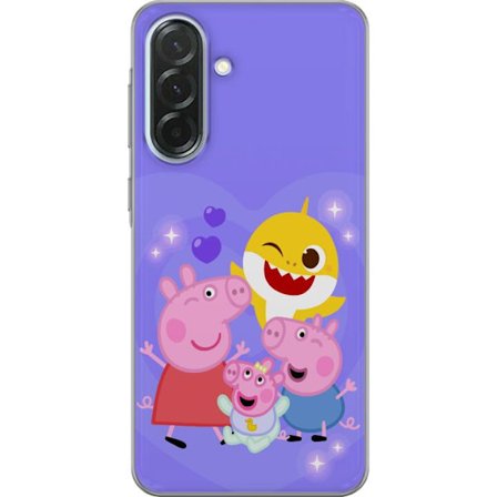 Kompatibelt Mobildeksel til Samsung Galaxy A36 Peppa Gris mønster med hjerter, sommerfugler og venner, lys rosa bakgrunn i myke barneillustrasjoner