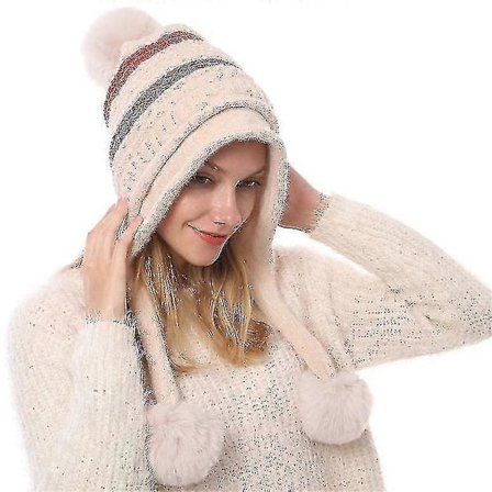 Peruansk damelue med øreklaffer, strikket lue med dusk til vinter, snø og ski