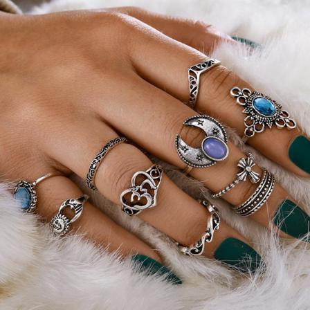 10 Pack Med Midi Ringar För Hela Handen - Tibetsilver Silver