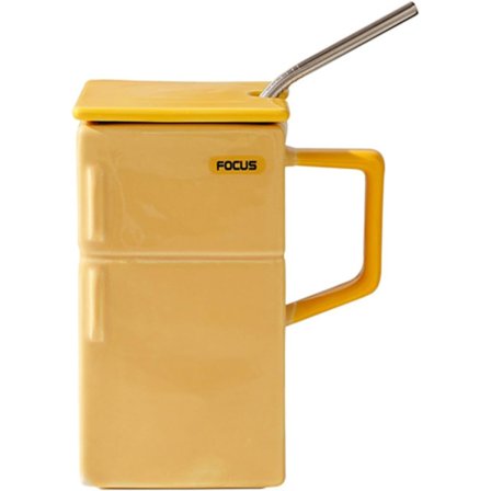 Werwimg Kreativ Retro Kjøleskapskrus med Lokk & Sugerør - 550ml Kontorkaffekopp, Morsom Bursdagsgaveidé (Gul)