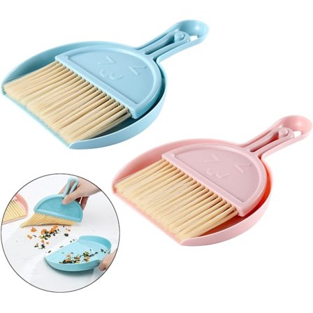 2 stk. Mini Støvbrett og Børstesett, Liten Kost og Støvbrett, Bærbart Bordbørstesett, Rengjøringsverktøy med Myk Bust (Blå+Rosa)