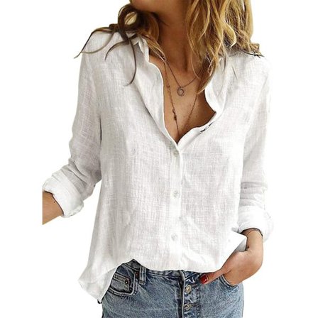 Dam V-ringad Rullärm Knapp-Ner Blus Solid Färg Andningsbar för Dejting Arbete Daglig Shopping Vit M