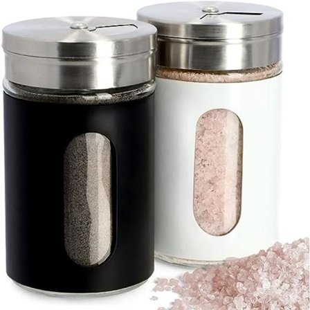 Salt- og pepperbøsse-sett, 90 ml, saltbøsse i glass og rustfritt stål, liten krydderbeholder med lokk, krydderhylle, krydderkrukke, gjennomsiktig 