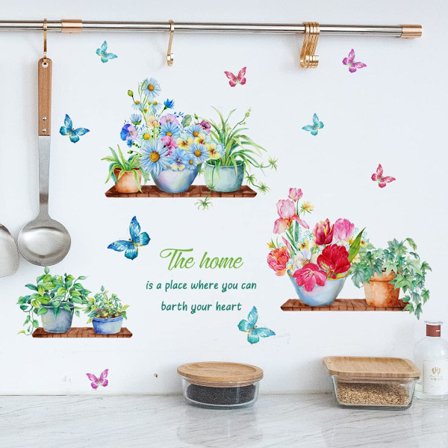 Wall Stickers Green Potted Plants Butterfly Flower Plant Wall Decal