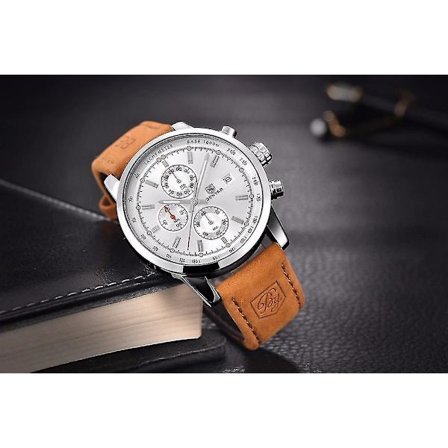 Luksuriøst lærklokke med vanntett kronograf, kvarts, for menn