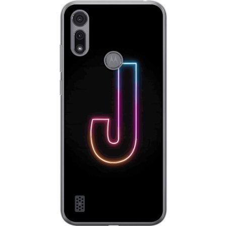 Kompatibelt Mobildeksel til Motorola Motorola Moto E6i Minimalistisk neonbokstav J i fargeskiftende lys mot svart bakgrunn