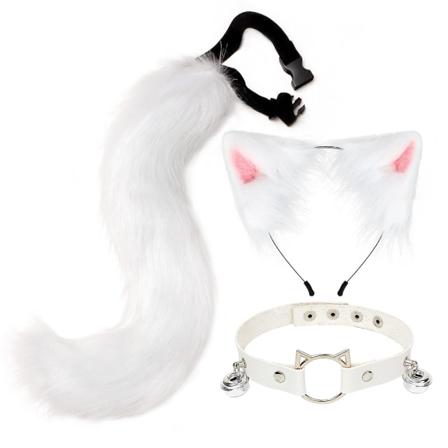 3 kpl Cosplay Kissa Söpö Korvat Pääpanta Karvainen Kettu Häntä Kello Kaulakoru Set Lelut -a White
