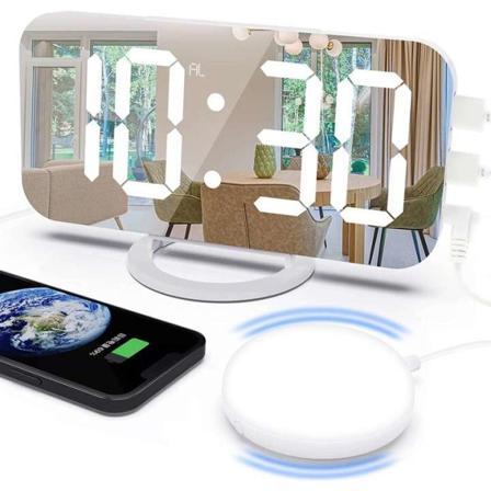 Värähtelevä herätyskello, 7 tuuman LED-peiliherätyskello 2 USB-latausportilla